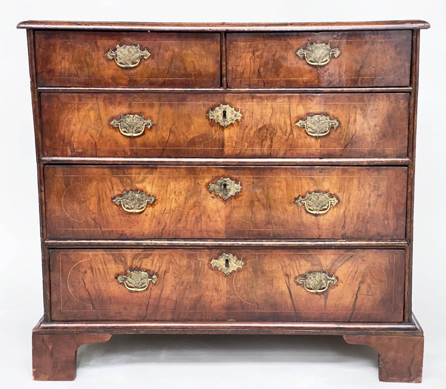 CHEST, early 18th century English Queen Anne figured walnut with two short and three long drawers,