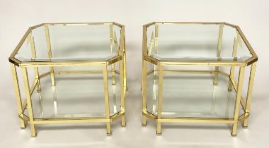 LAMP TABLES, a pair, 1970's French octagonal bevelled glass on polished brass frames with undertier,