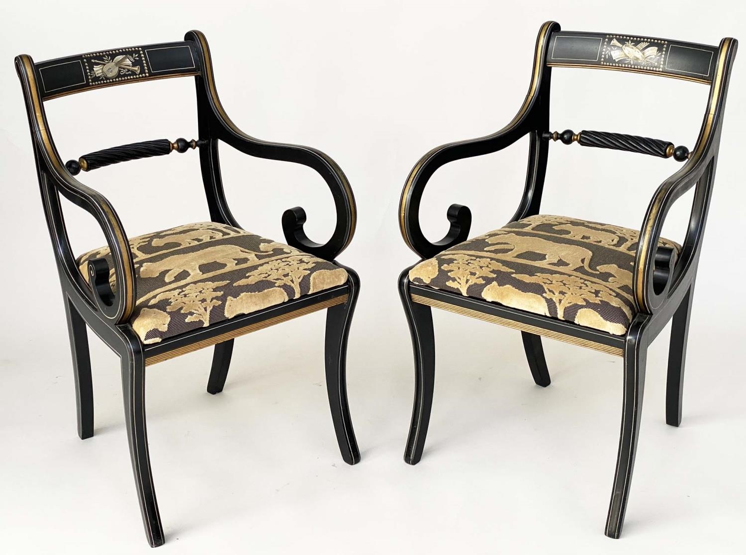 ELBOW CHAIRS, a pair, Regency design, lacquered and gilt with Andrew Martin 'Safari', fabric - Image 11 of 11