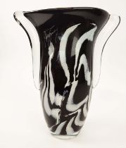 A MURANO STYLE BLACK AND WHITE STUDIO GLASS VASE, two handled form, indistinctly signed to top