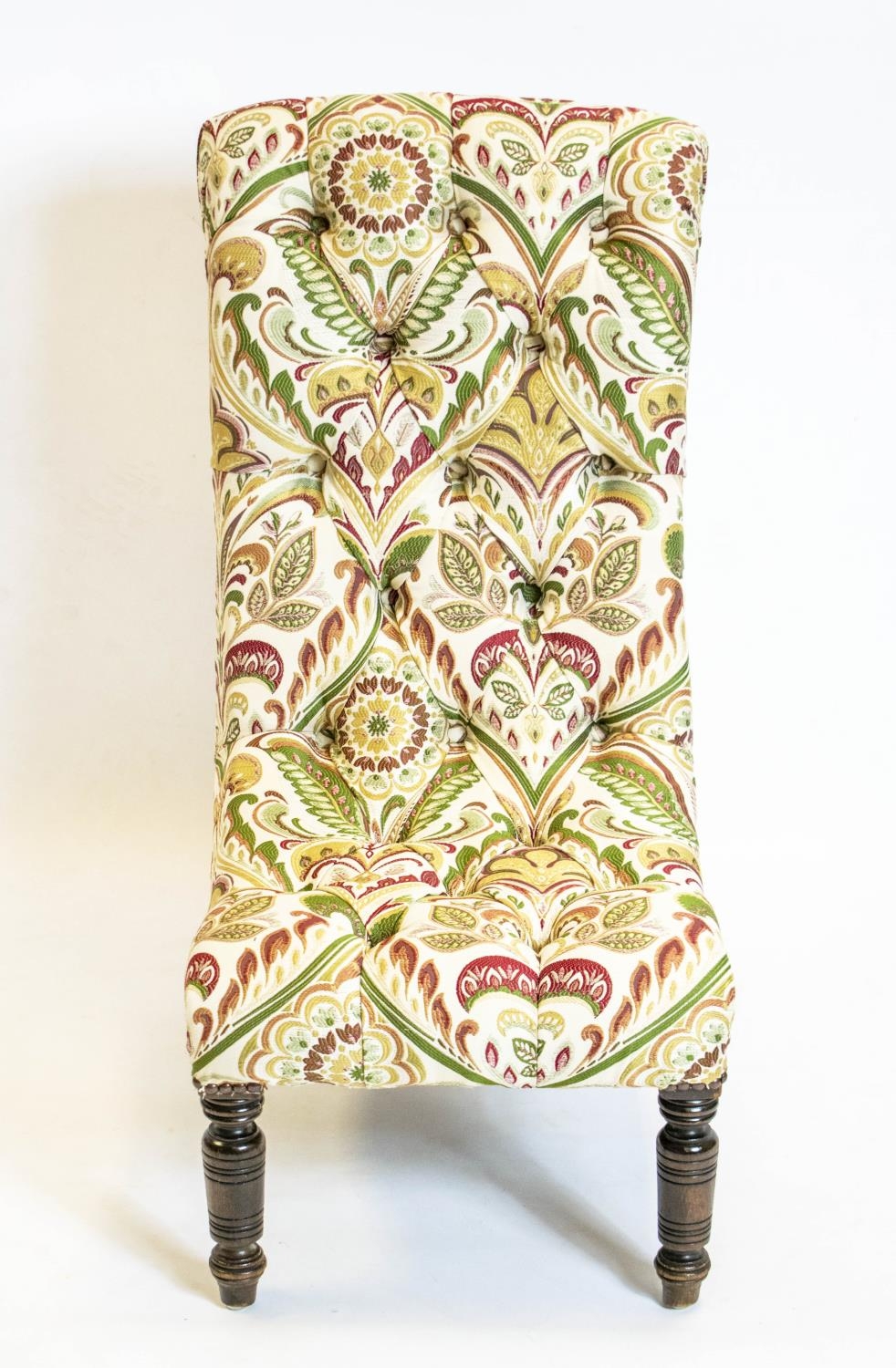 SLIPPER CHAIR, 80cm H x 40cm, Victorian beechwood in buttoned foliate patterned material. - Image 2 of 3