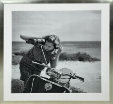 SLIM AARONS, Holiday Hair Check, Faith Gibbons checks her hair in the mirror of a motor scooter,