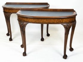 DEMI LUNE SIDE TABLES, 80cm H x 103cm x 43cm, George II style mahogany with blue leather tops. (2)
