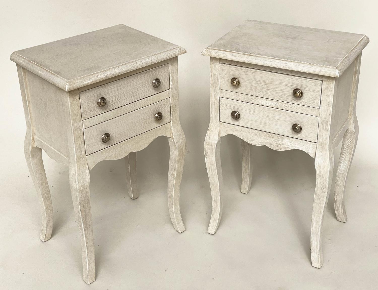 BEDSIDE/LAMP TABLES, a pair, French Louis XV style traditionally grey painted each with two drawers, - Image 8 of 11