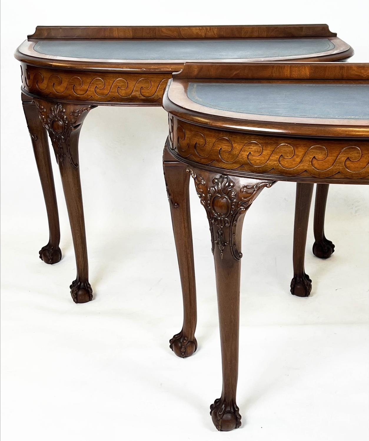 DEMI LUNE SIDE TABLES, 80cm H x 103cm x 43cm, George II style mahogany with blue leather tops. (2) - Image 2 of 3