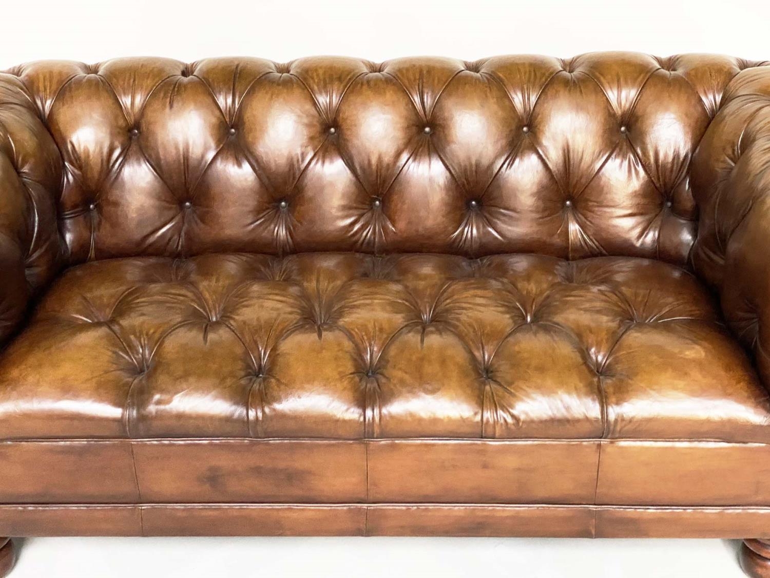 CHESTERFIELD SOFA, vintage natural mid brown deep buttoned leather, 180cm W. - Image 8 of 8