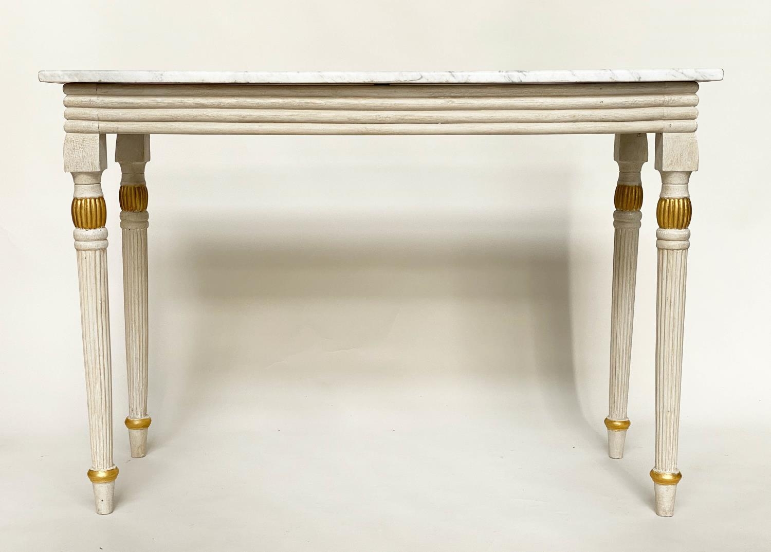 CONSOLE TABLE, Regency style grey painted and parcel gilt, with reeded frieze and supports with grey - Image 10 of 10