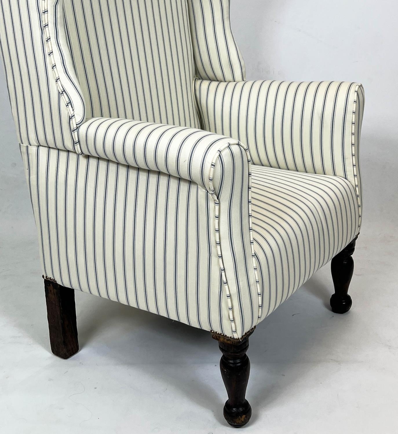 WING ARMCHAIR, 115cm H x 71cm W, 19th century stained pine in new ticking upholstery. - Image 2 of 3