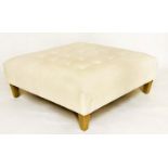 HEARTH STOOL, square buttoned netural cotton with tapering supports, 103cm x 103cm x 40cm H.