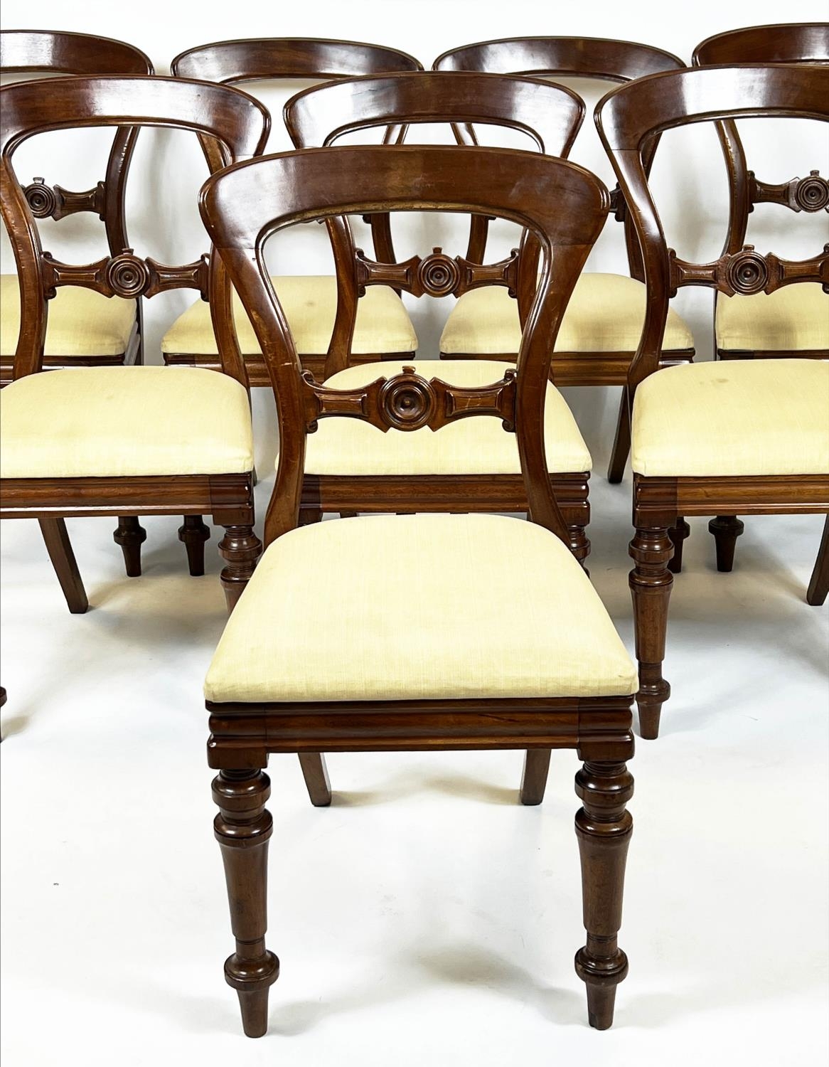 DINING CHAIRS, 87cm H x 47cm, a set of eight, Victorian mahogany with cream drop in seats, stamped J - Image 2 of 5