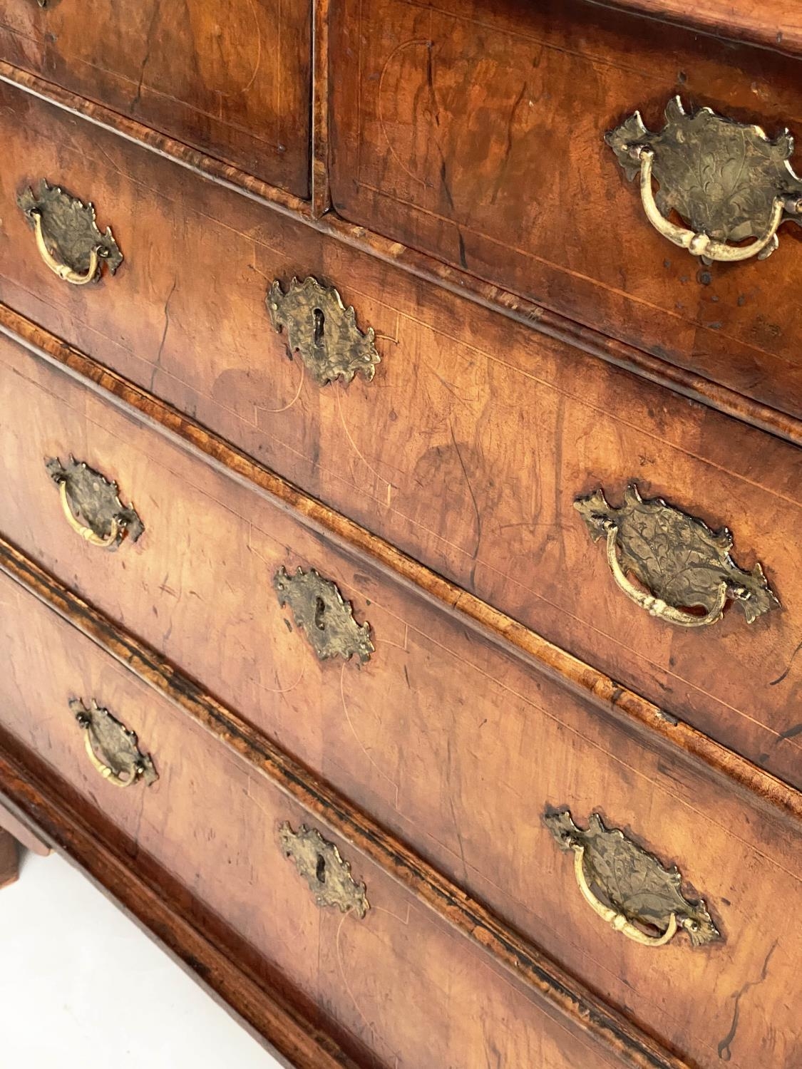 CHEST, early 18th century English Queen Anne figured walnut with two short and three long drawers, - Image 8 of 9