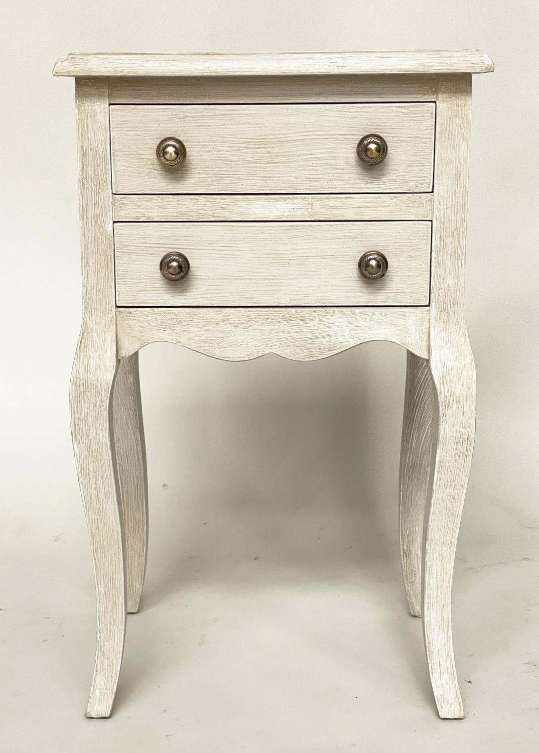 BEDSIDE/LAMP TABLES, a pair, French Louis XV style traditionally grey painted each with two drawers, - Image 10 of 11