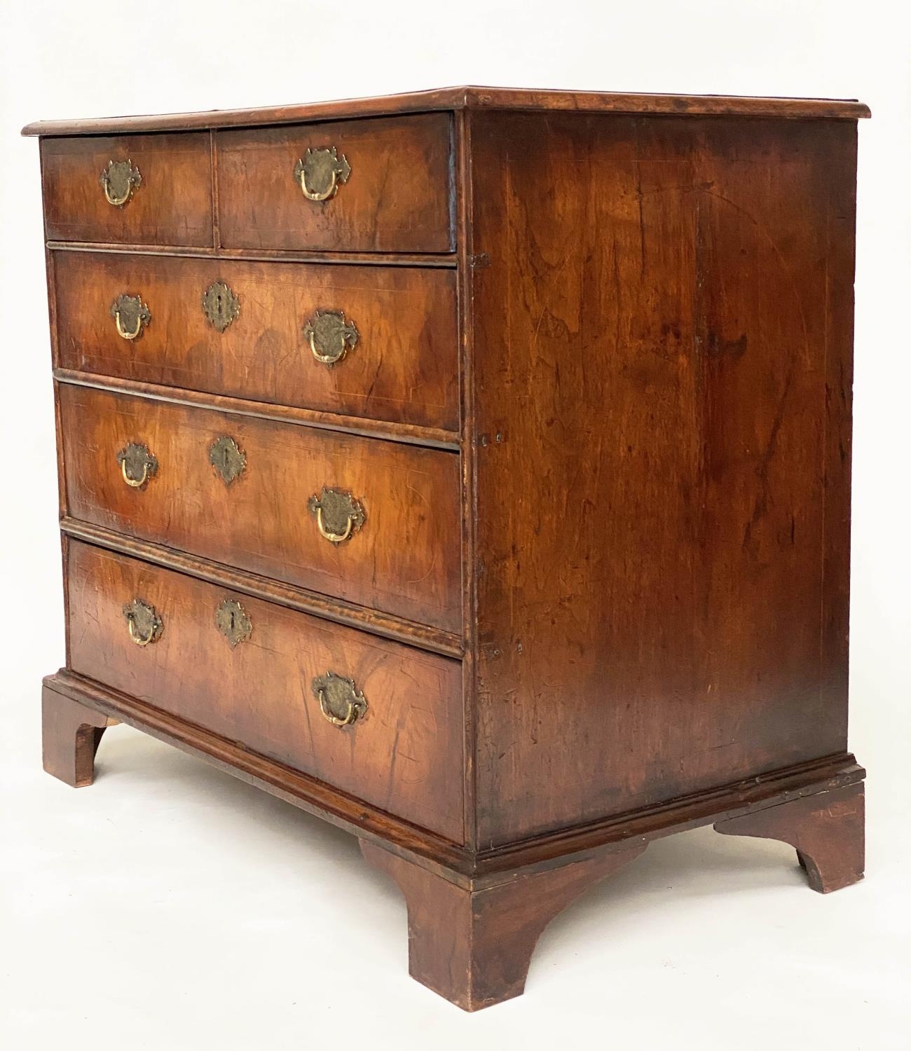 CHEST, early 18th century English Queen Anne figured walnut with two short and three long drawers, - Image 6 of 9