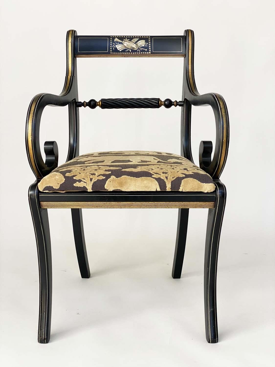 ELBOW CHAIRS, a pair, Regency design, lacquered and gilt with Andrew Martin 'Safari', fabric - Image 10 of 11