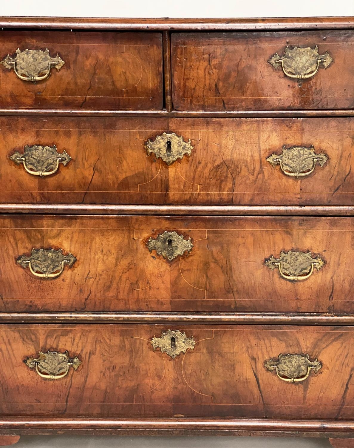 CHEST, early 18th century English Queen Anne figured walnut with two short and three long drawers, - Image 5 of 9