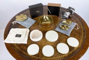 AERIN CREAM SHAGREEN COASTERS, a boxed set of four with suede underside and gold toned brass rim