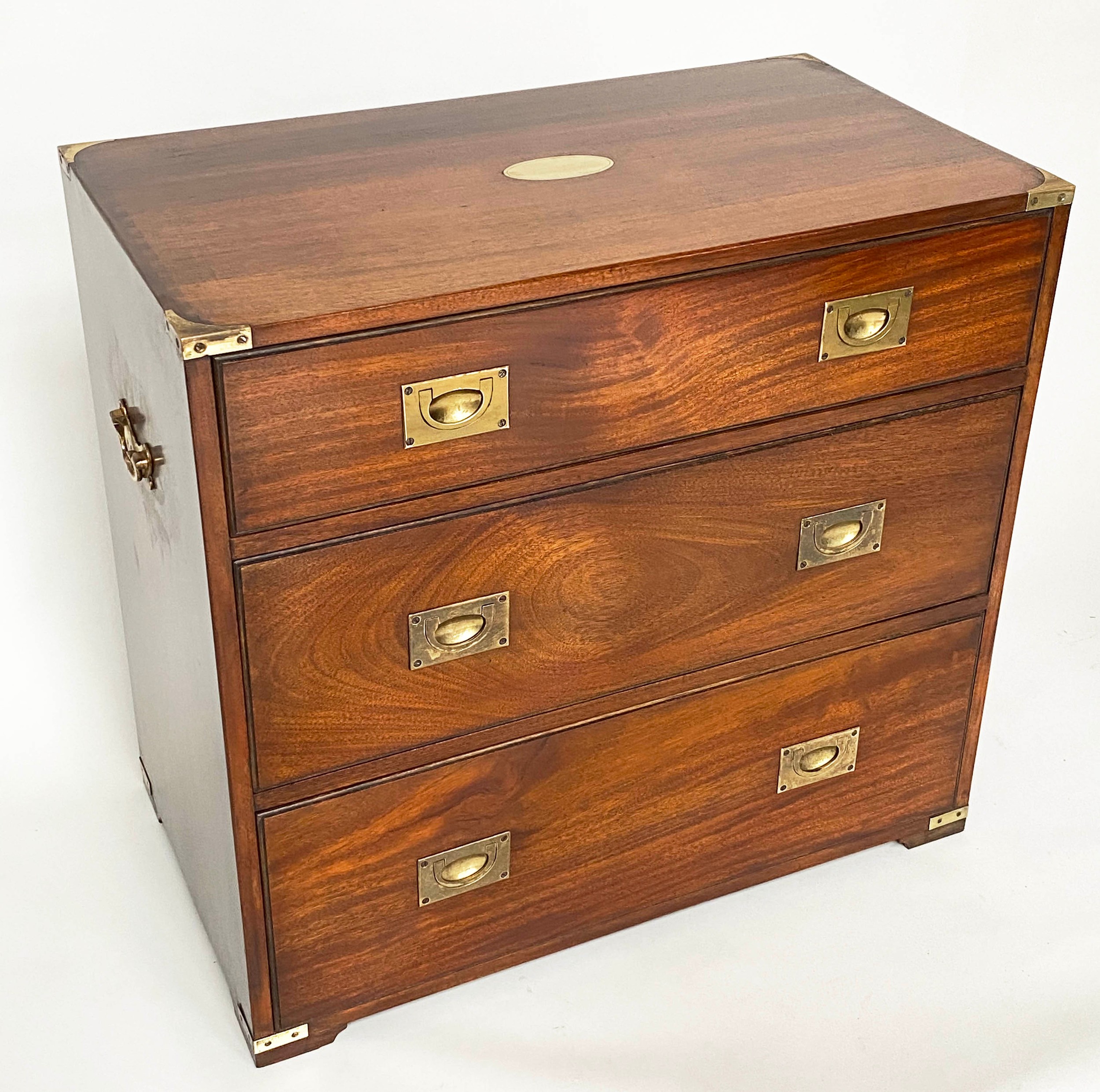 CAMPAIGN STYLE CHESTS, a pair, mahogany and brass bound each with three drawers, 80cm W x 45cm D x - Image 3 of 10