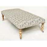 HEARTH STOOL, country house style rectangular eucalyptus printed linen upholstered and turned