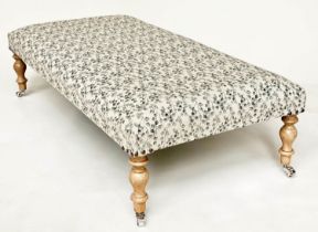 HEARTH STOOL, country house style rectangular eucalyptus printed linen upholstered and turned