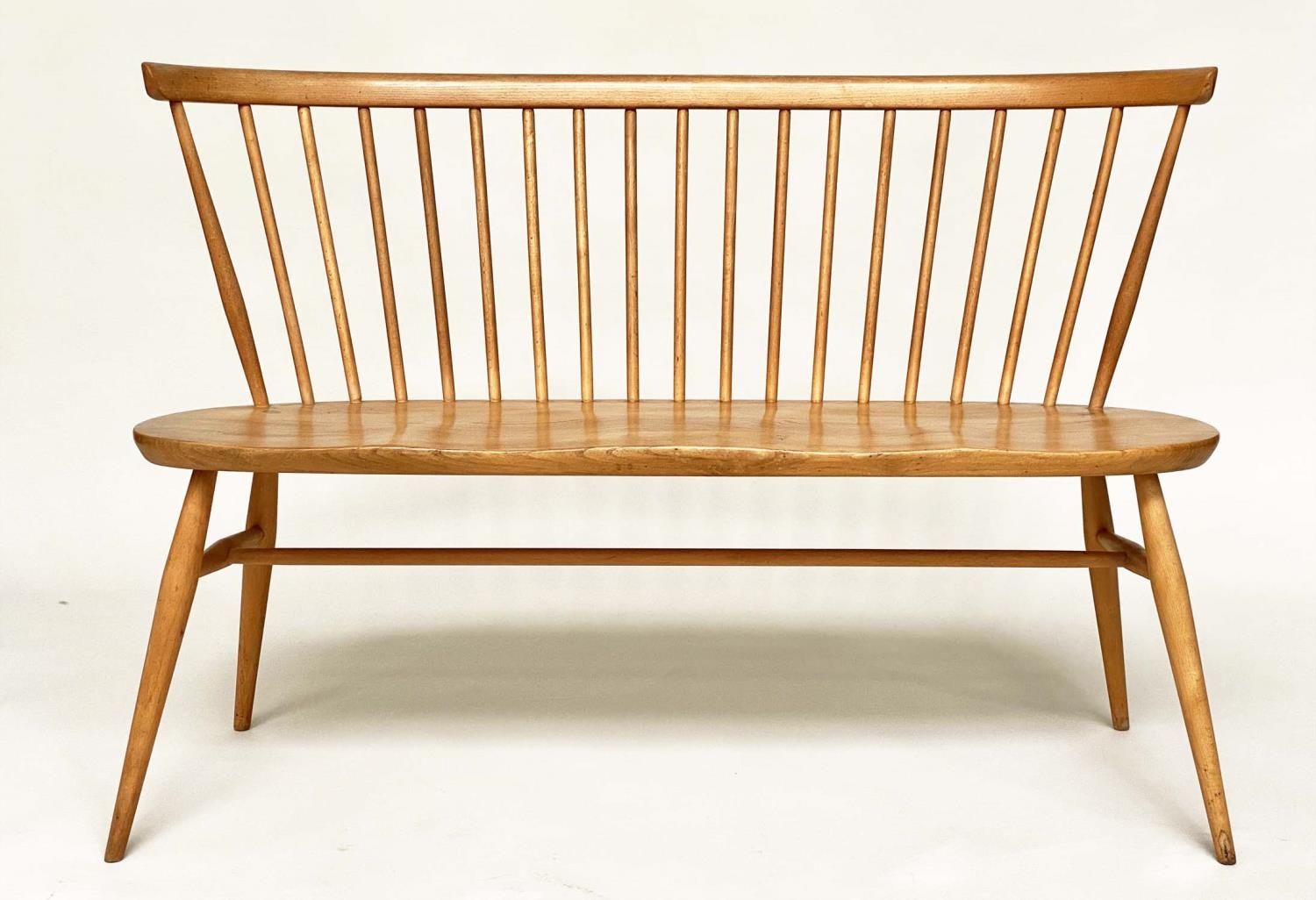 'ERCOL' HALL BENCH, 1970s beech and elm with slightly arched spindle-back attributed to 'Ercol', - Image 9 of 9