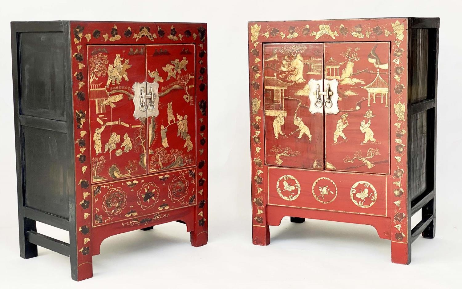 CHINESE CABINETS, a pair, early 20th century scarlet lacquered Chinoiserie gilt decorated and - Image 10 of 11