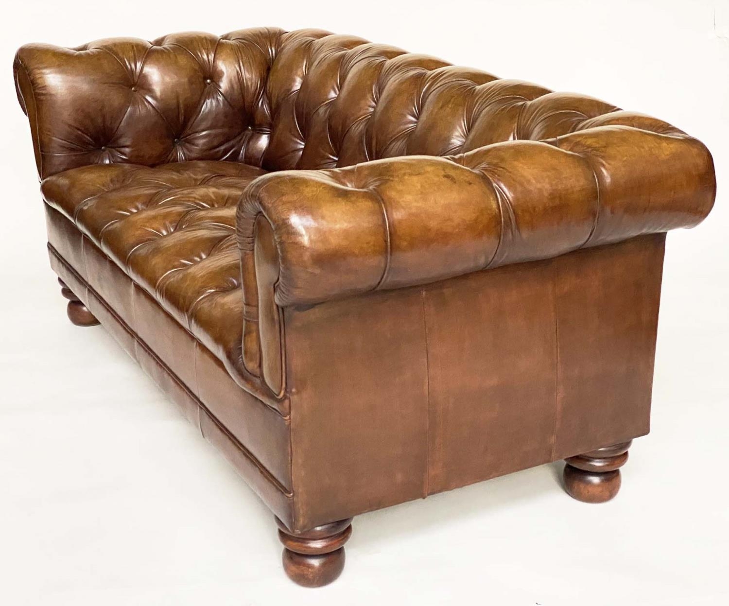 CHESTERFIELD SOFA, vintage natural mid brown deep buttoned leather, 180cm W. - Image 4 of 8