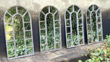 ARCHITECTURAL GARDEN MIRRORS, 60cm H x 32cm W, a set of four, Regency style, arched metal frames,