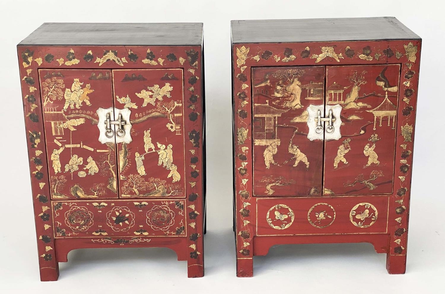 CHINESE CABINETS, a pair, early 20th century scarlet lacquered Chinoiserie gilt decorated and - Image 9 of 11