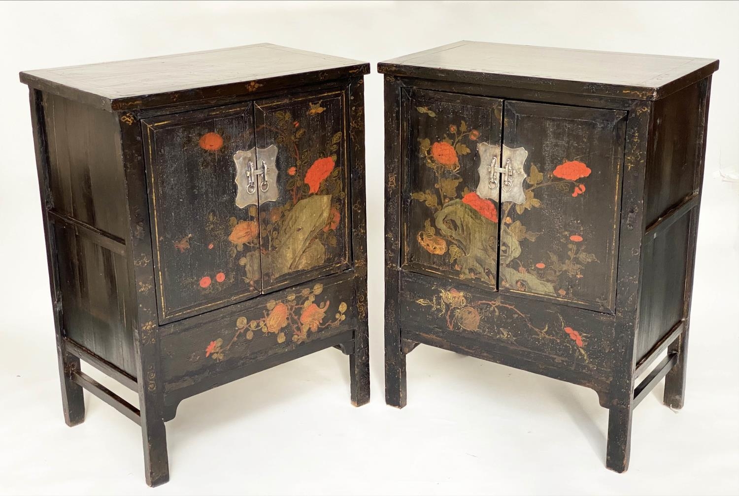 CHINESE CABINETS, a pair, early 20th century black lacquered and gilt Chinoiserie decorated each - Image 3 of 13