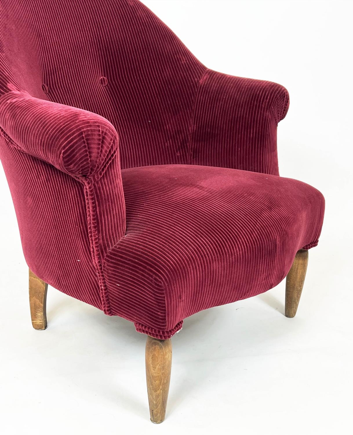 BERGERE, 83cm H x 77cm W, mid 20th century Beechwood in Pierre Frey red corduroy. - Image 3 of 3