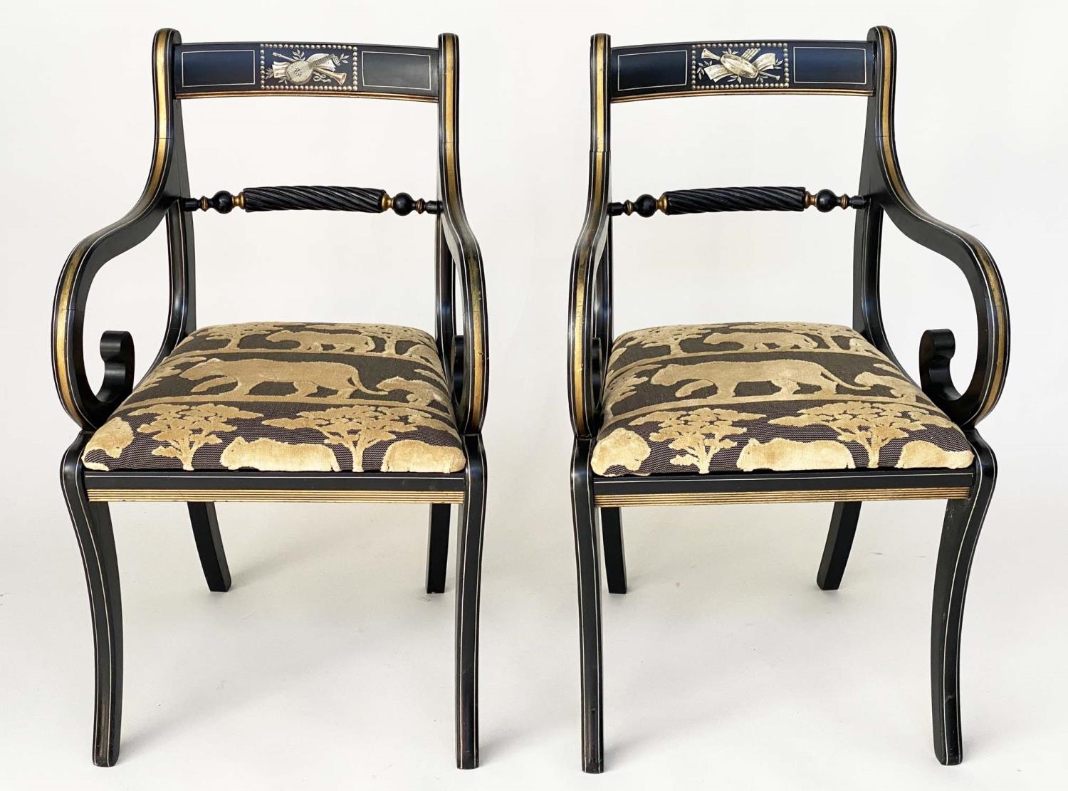 ELBOW CHAIRS, a pair, Regency design, lacquered and gilt with Andrew Martin 'Safari', fabric - Image 2 of 11