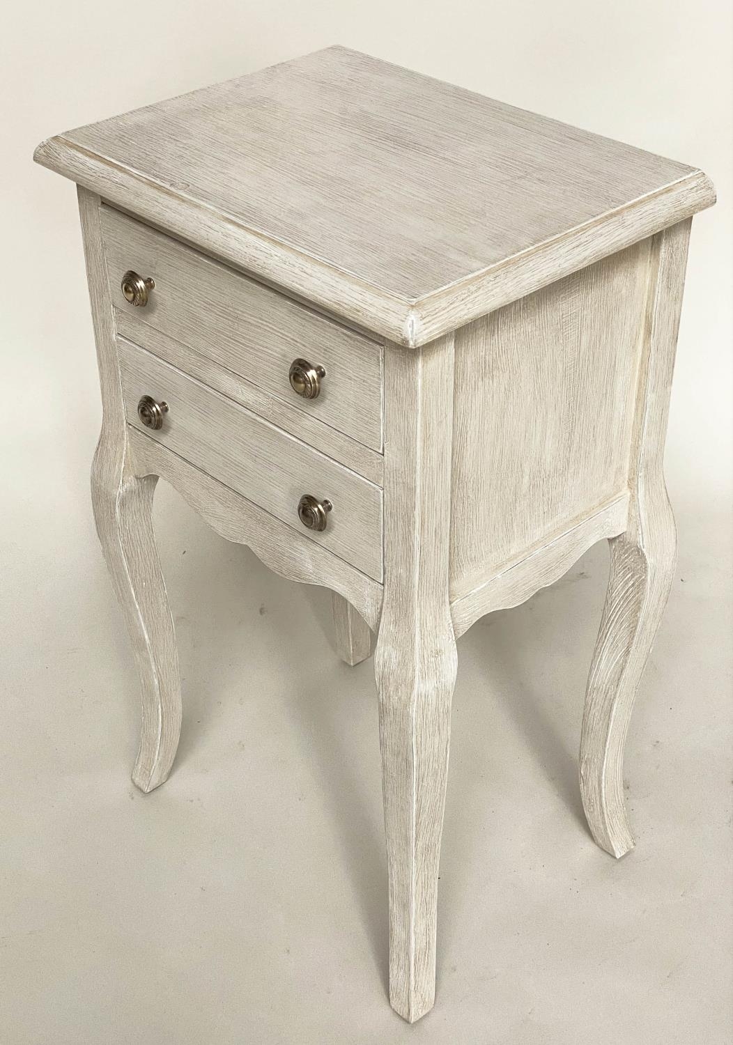 BEDSIDE/LAMP TABLES, a pair, French Louis XV style traditionally grey painted each with two drawers, - Image 3 of 11
