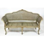 CANAPE, 101cm H x 178cm, 19th century French green painted, parcel gilt and caned.