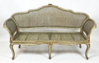 CANAPE, 101cm H x 178cm, 19th century French green painted, parcel gilt and caned.