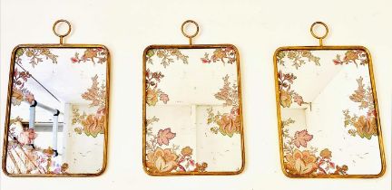 WALL MIRRORS, a set of three, overlaid floral decoration, gilt frames, 64cm x 40cm. (3)