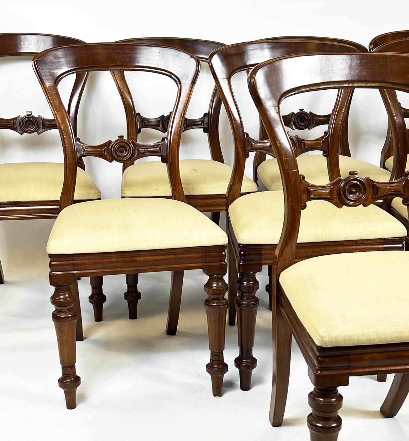 DINING CHAIRS, 87cm H x 47cm, a set of eight, Victorian mahogany with cream drop in seats, stamped J - Image 3 of 5