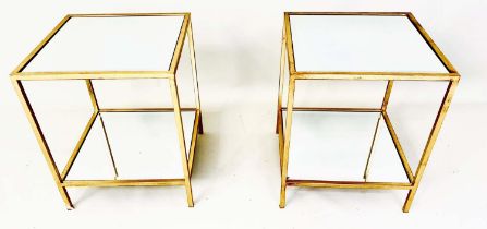 MAISON BAGUES STYLE SIDE TABLES, pair, 55cm high, 45cm wide, two-tier squared form, mirrored glass