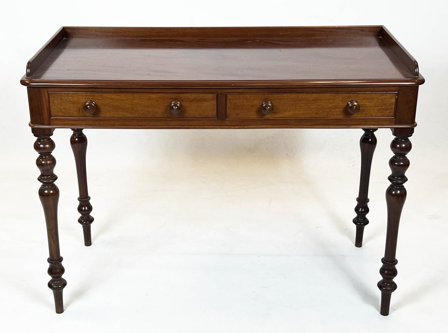 WRITING TABLE, 77cm H x 107cm x 51cm, Victorian mahogany with two drawers.