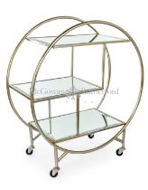 COCKTAIL TROLLEY, 93cm H x 82cm W x 37cm D, Art Deco style, mirrored glass shelves, silver painted