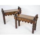 HALL BENCHES, a pair, Victorian oak each with shaped frieze and raised turned bolster arms, 64cm x