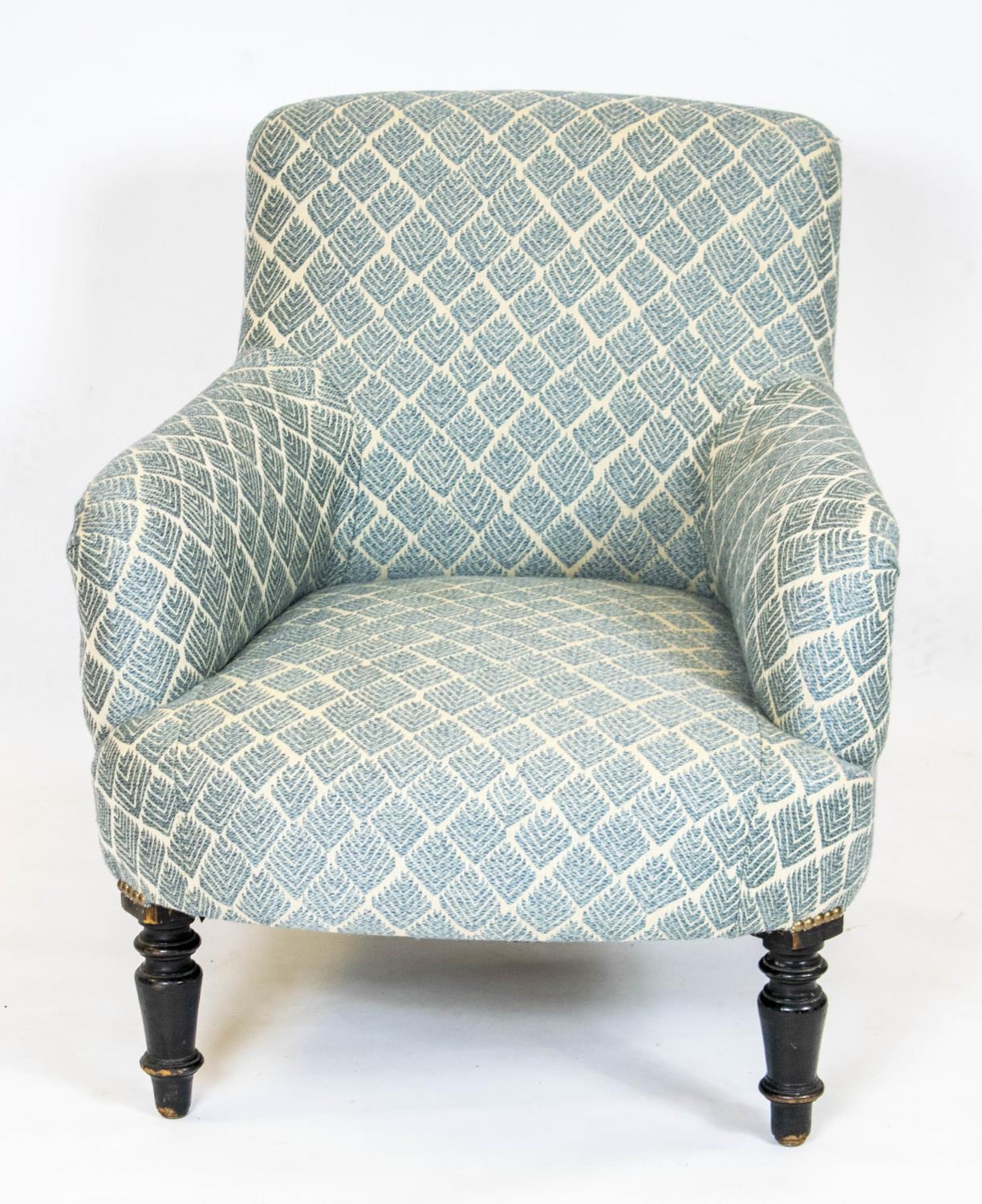 ARMCHAIR, 73cm H x 68cm, Napoleon III ebonised in Guy Goodfellow patterned fabric. - Image 2 of 5