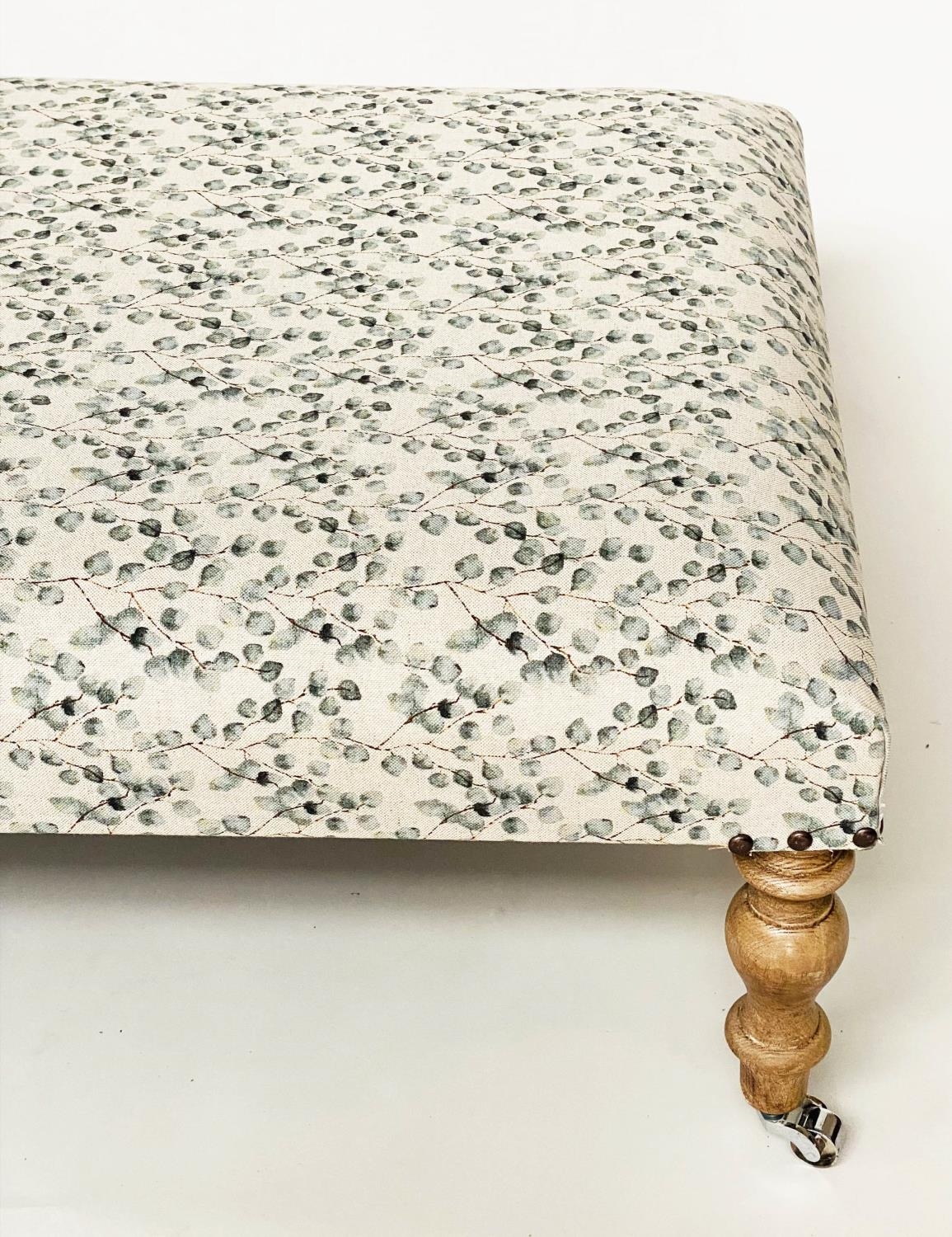 HEARTH STOOL, country house style rectangular eucalyptus printed linen upholstered and turned - Image 3 of 8