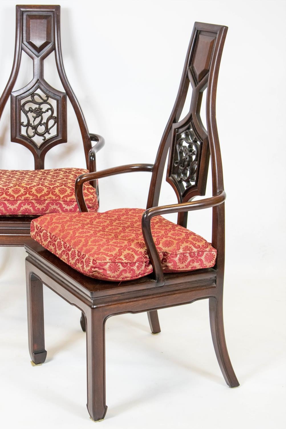 ARMCHAIRS, 109cm H x 51cm W, a pair, Chinese rosewood with red squab cushions. (2) - Image 2 of 5