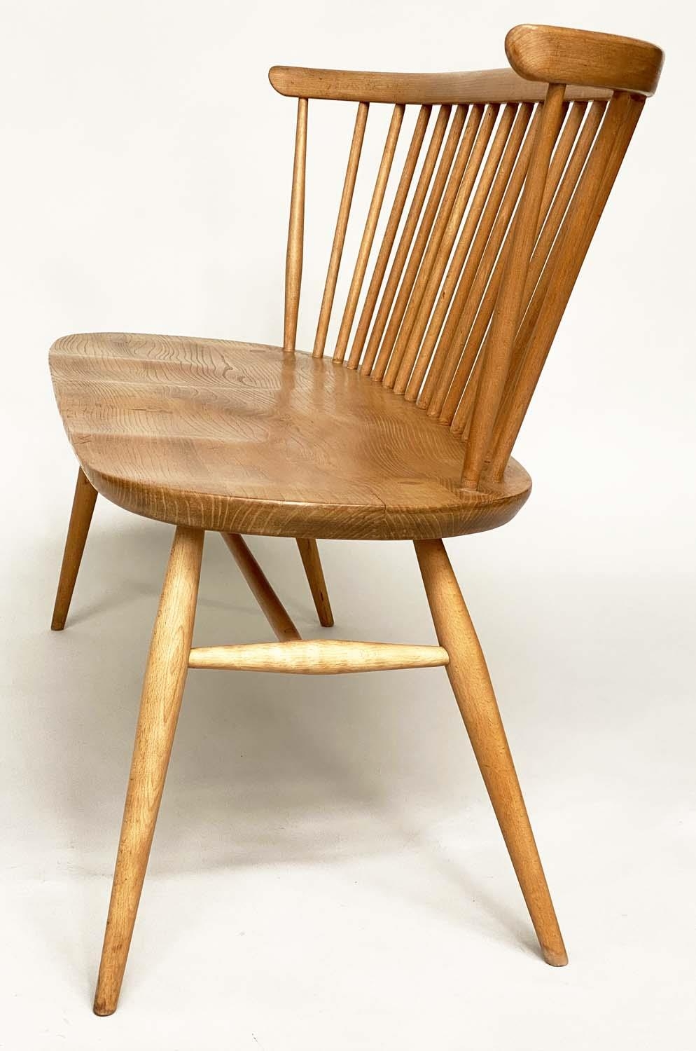 'ERCOL' HALL BENCH, 1970s beech and elm with slightly arched spindle-back attributed to 'Ercol', - Image 5 of 9