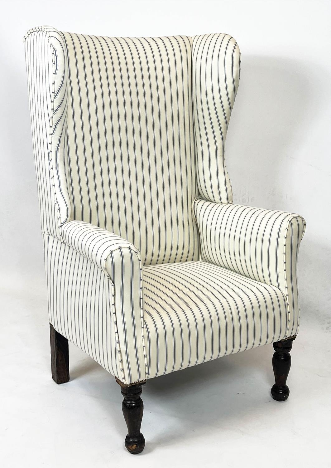 WING ARMCHAIR, 115cm H x 71cm W, 19th century stained pine in new ticking upholstery. - Image 3 of 3