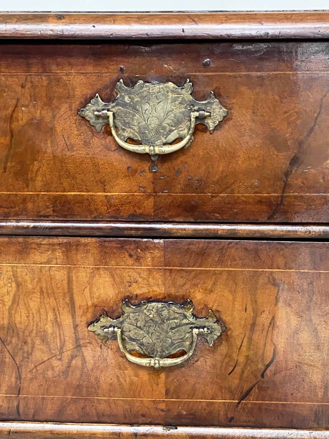 CHEST, early 18th century English Queen Anne figured walnut with two short and three long drawers, - Image 4 of 9