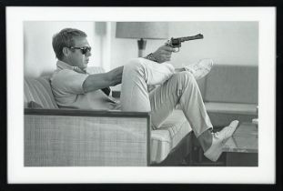 AFTER JOHN DOMINIS, 'Steve McQueen' photo print, 41cm x 64cm, label verso, framed.