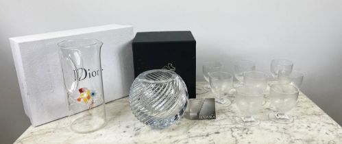 ROGASKA CRYSTAL SPIRAL TWIST BOWL, boxed, a Dior fish carafe also boxed and eight spiral twist