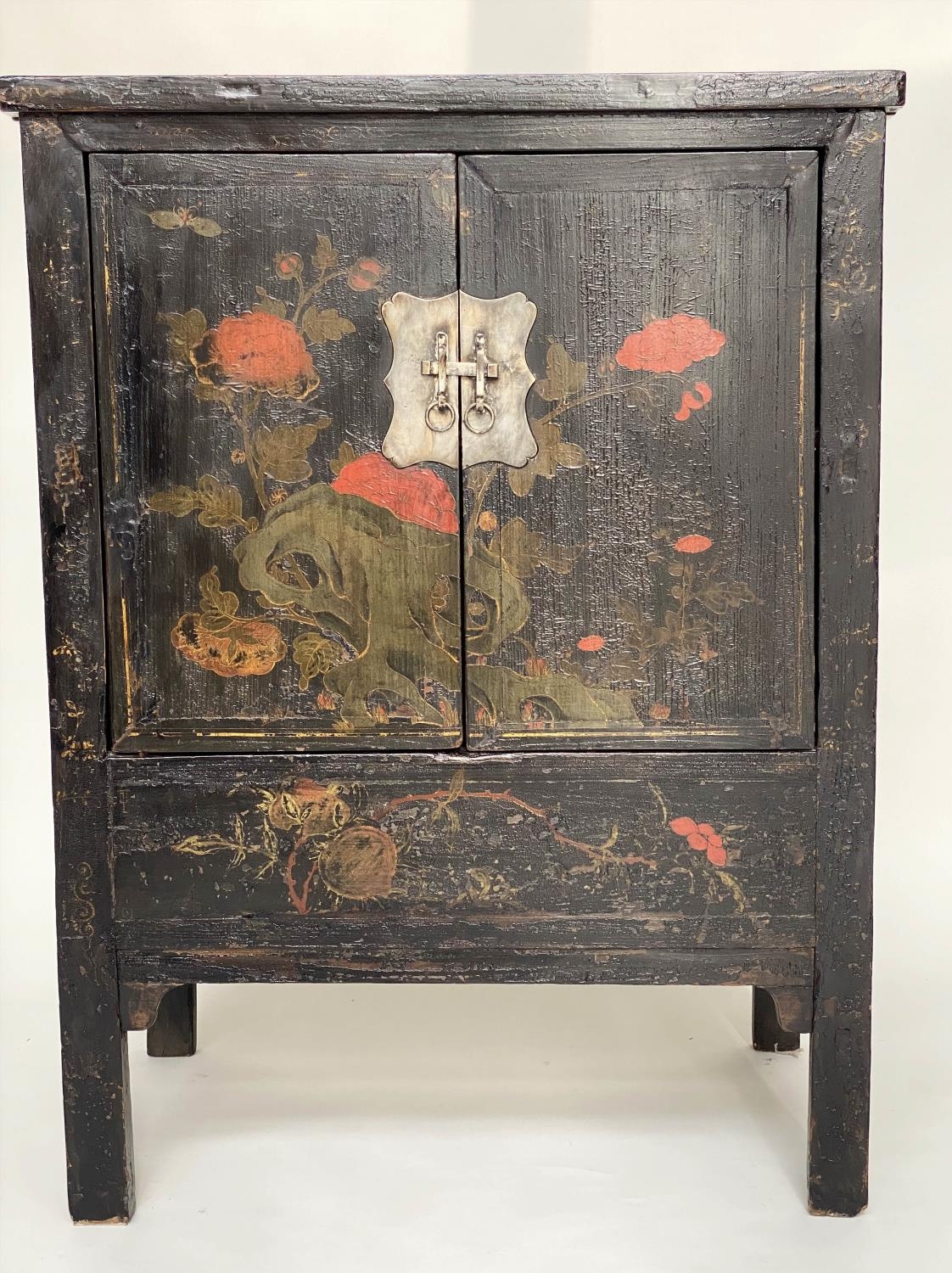 CHINESE CABINETS, a pair, early 20th century black lacquered and gilt Chinoiserie decorated each - Image 2 of 13