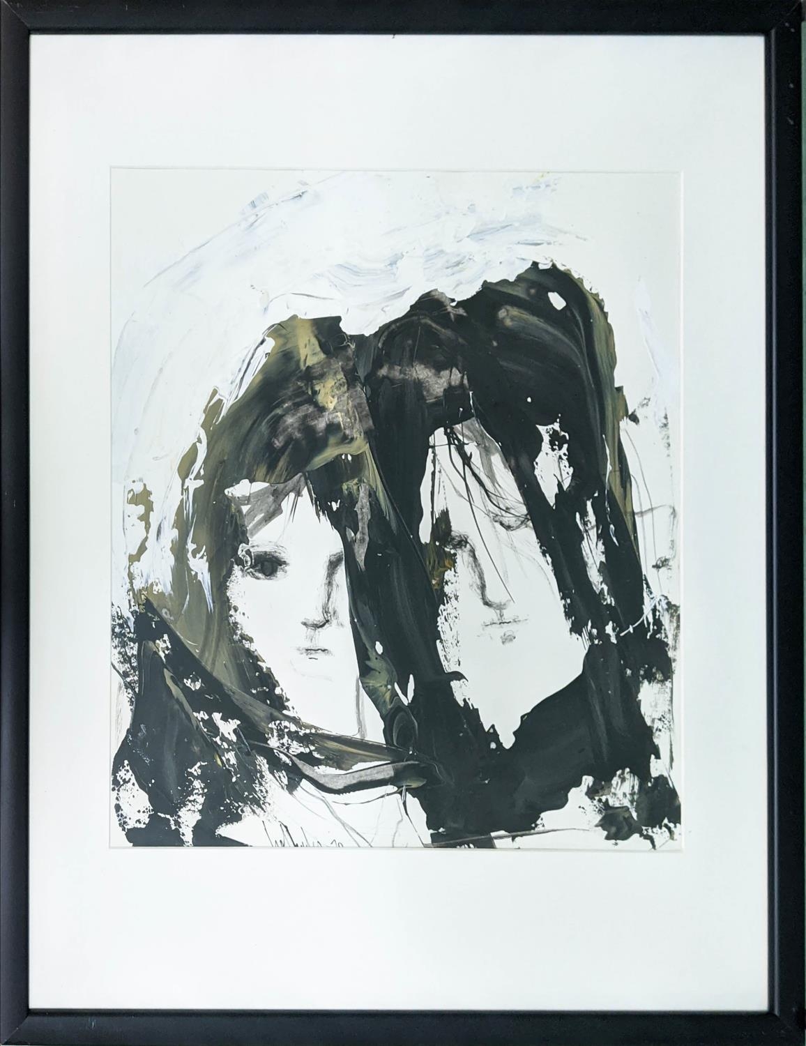 GINO HOLLANDER (American 1924-2015), 'Las dos mujeres', acrylic on paper, 46cm x 41cm, framed.